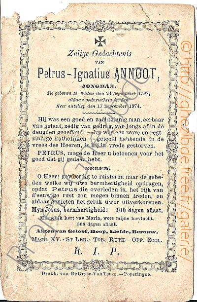 Petrus Ignatius ANNOOT, overleden te Watou, den 17 September 1874 (77 jaar).